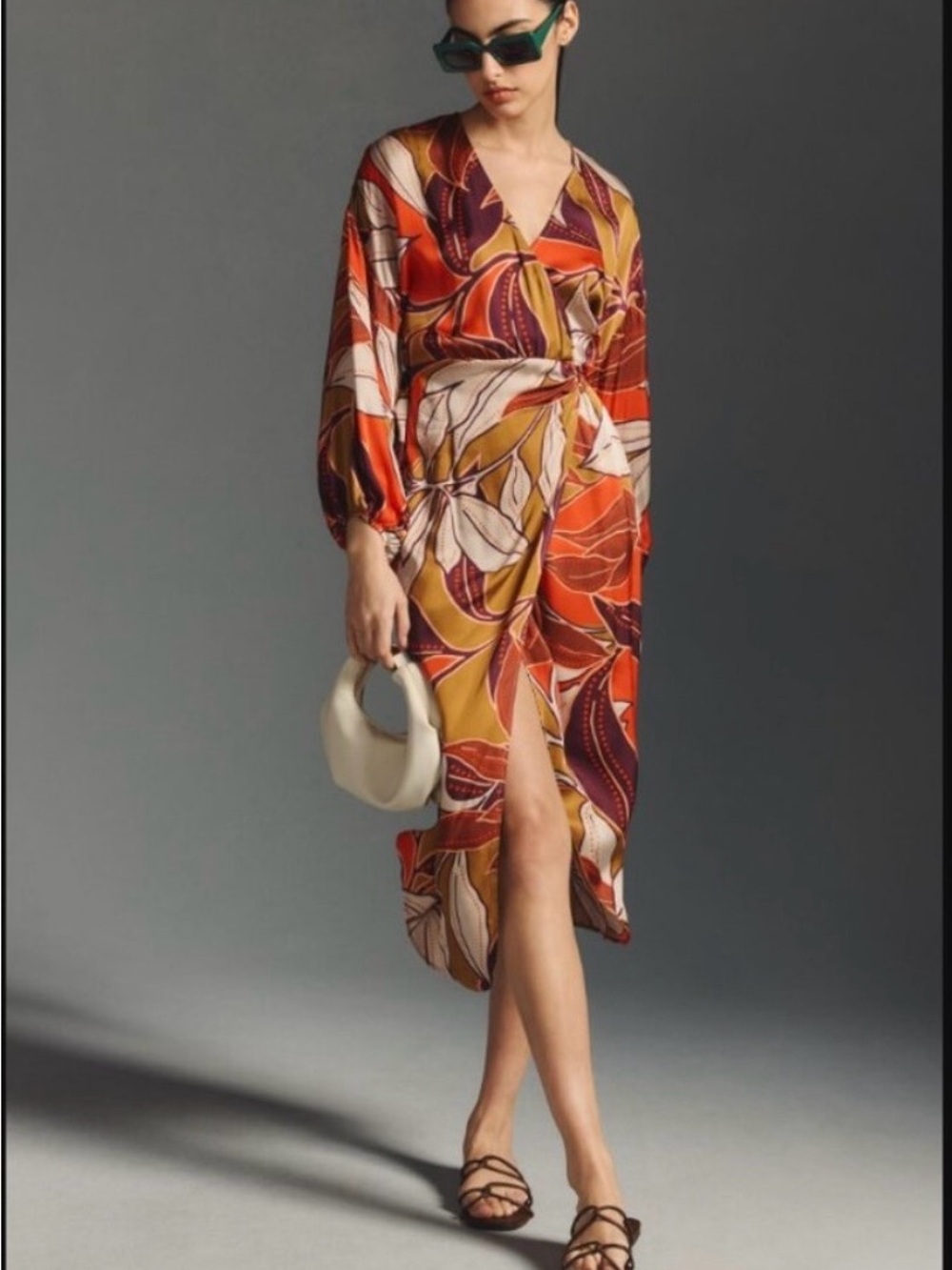 Anthropologie Print Long Sleeve Midi Dress in Rust Multi